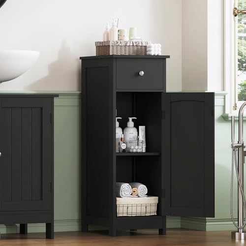 Iwell Bathroom Storage Cabinet, Small Bathroom Floor Cabinet with Drawer & Storage Shelf, Free-Standing Organizer Cabinets for Hallway/Living Room, Black - Image 2