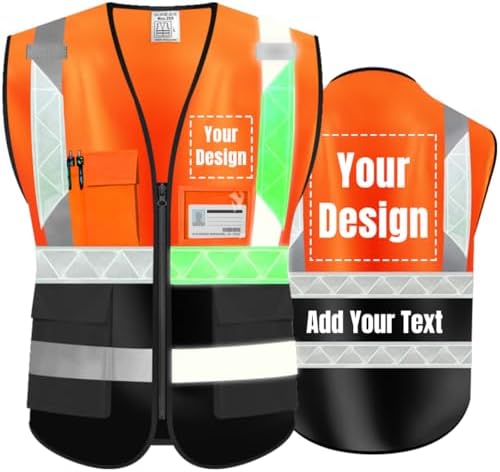 Luminous Safety Vest Customize Logo Outdoor Work Vest with Luminous Hi-Vis Reflective Strips (4XL, Orange black) by YOWESHOP