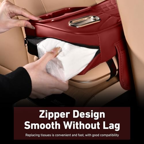 Car Center Console Booster Cover, Multifunctional Car Interior Arm Rest Box Storage Cushion with Cup Holder, Tissue Box, Side Pockets, Leather Memory Foam Armrest Pillow Protection (Red) - Image 6
