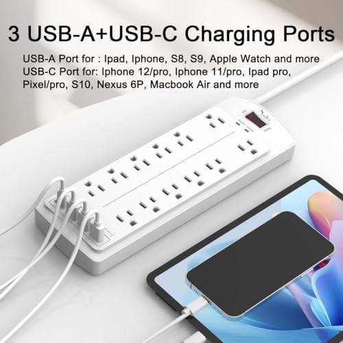 Surge Protector Power Strip, Nuetsa 6Ft Flat Plug Extension Cord with12 Outlets and 4 USB Ports for Home, Office, Dorm Essentials, 2700 Joules, ETL Listed, White - Image 3
