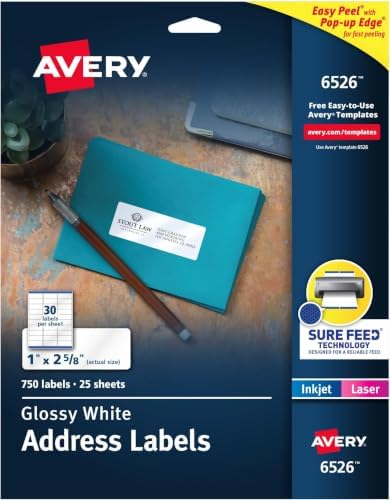 Avery Address Labels, Sure Feed and Easy Peel Technology, Glossy White Labels,Permanent, Laser/Inkjet, 750 Total (6526), 1" X 2-5/8" (Pack of 5) by Avery