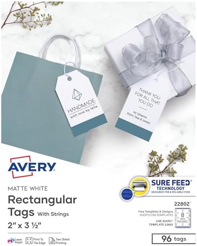 Avery Blank Printable Tags, Sure Feed Technology, 2" x 3.5", White, 96 Customizable Tags with String, Great for Branding, Gift Tags, Price Tags, and More (22802) by Avery
