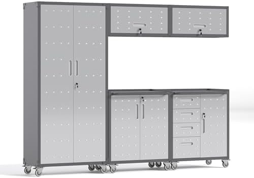 Garage Storage Cabinets System 5 PCS Workshop Set with Drawers Locking Heavy Duty Rolling Cart with Adjustable Shelves Garage Tool Workbench Cabinets (5 PCS-1) by FLIXELIO
