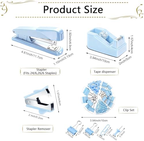 Office Supplies,Blue Desk Accessories,Stapler and Tape Dispenser Set with Stapler,Tape Dispenser,Staple Remover,Staples,Clips,Scissors and Tabs,Gift for Student,Teacher,Coworkers,Business,Gift 9pcs - Image 5