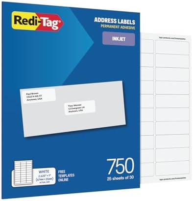 Redi-Tag Address Labels, 750 Blank (25 Sheets of 30), 1" x 2.625", for Inkjet Printers Only, Free Online Templates (1009571) by Redi-Tag