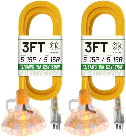 POWGRN 3 FT 2 Pack 12/3 Gauge Yellow Heavy Duty Outdoor Extension Cord by POWGRN