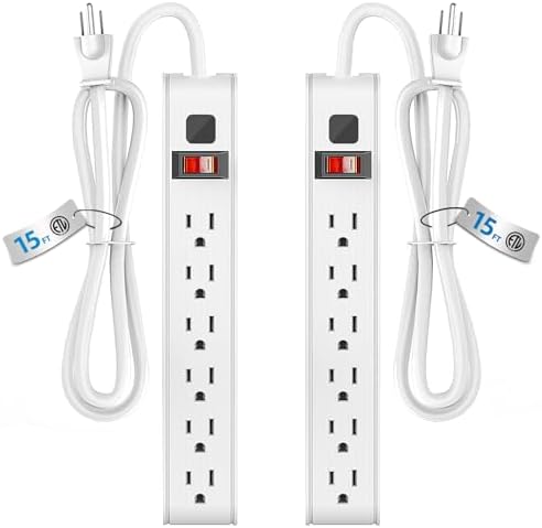 TiFFCOFiO Surge Protector Power Strip, 15 Feet Extension Cord, 600 Joules Surge Protection, Multiple Protection 6 Outlet Strip, 14 AWG Cord, 15A/1875W, ETL Listed (2 Packs, 15 FT) by TiFFCOFiO