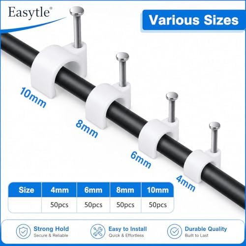 Cable Wire Clips 4mm 6mm 8mm 10mm (Pack of 200) Cable Management RG6 RG59 CAT5 CAT6 RJ45 Electrical Ethernet Dish TV Speaker Wire Cord Tie Holder Single Coaxial Nail Clamps - Image 3