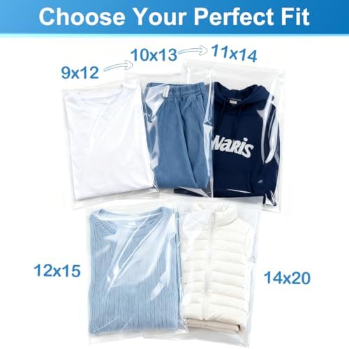 Cellophane Poly Bags Pack 400 CT Combo 6x9,8x10,9x12,11x14 inches, Clear Poly Bags with Suffocation Warning, Resealable Shipping Bag for Clothes, Packaging (OPP, 2mil, 5-13 LB, with Vent Holes) - Image 4
