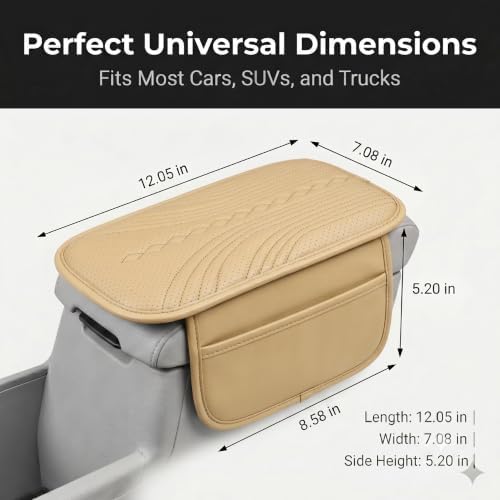 Car Center Console Armrest Pad, Leather Texture Armrest Cover with 2 Storage Pockets, Breathable Wear-Resistant Console Protector Cushion, Universal for Most Cars SUVs Trucks (Beige) - Image 2