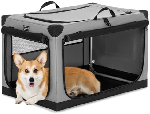 PETSFIT 30" Soft Portable Dog Crate – Patented Spiral Sturdy Frame, Collapsible Travel Kennel for Medium Dogs, 3 Mesh Door, Lockable Zippers, Indoor & Car Use Gray by Petsfit