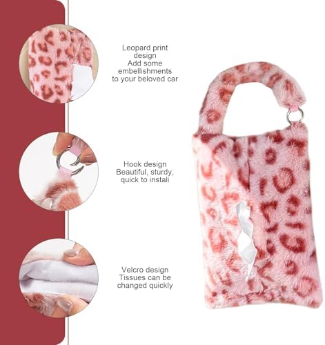 Leopard Print Car Tissue Bag, Cute Plush Hanging Tissue Holder, Multi-Functional Car Backseat Hanging Storage Bag, Universal for Small-Size Tissues (Pink) - Image 4