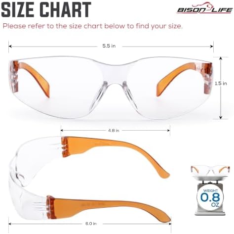 BISON LIFE Clear/Orange Safety Glasses for Men & Women, ANSI Z87.1, 6 Pack - Image 6