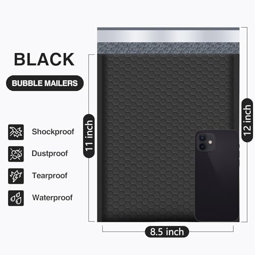 UCGOU Bubble Mailers 8.5x12" 25 Pack Usable Size 8.5x11" Black Shipping Bag - Image 2