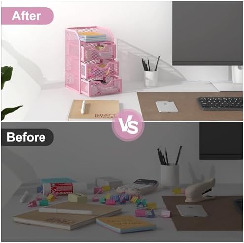 EasyPAG Mesh Desk Organizer with 3 Drawer Office Desktop Organizers and Accessories Stationery Caddy for Office, Home, Students, Pink - Image 4