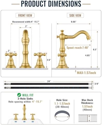 gotonovo Bathroom Faucet 3 Hole Vintage, Brushed Gold, Hot Cold Label - Image 6