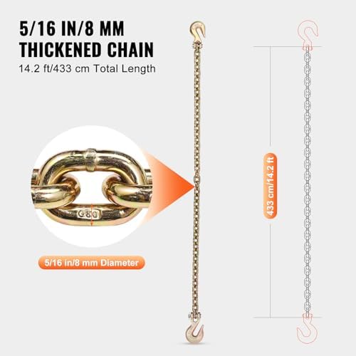 VEVOR G80 Transport Binder Chain, 5/16" x 14.2' Tow Chain with Clevis Grab Hooks, 4900 lbs Safe Working Load, Heavy Duty Trailer Logging Chain for Transporting Towing Truck Tie Down Binding Equipment - Image 4