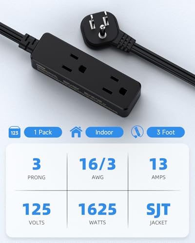 Flat Plug Extension Cord with 3 Outlets - 3Ft Low Profile Indoor 3 Prong Grounded Power Strip for Home Office & Travel - 16 AWG 13A/1625W, Black - Image 4