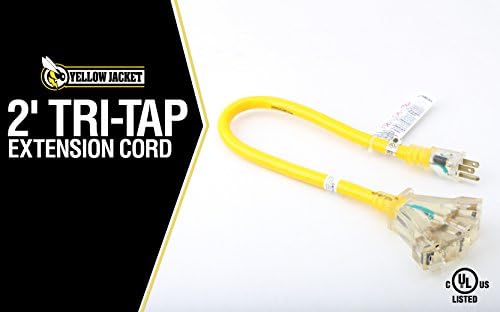 Southwire Yellow Jacket Extension Cord – Contractor-Grade 3-Outlet Design with Lighted End-Durable Vinyl Jacket for Rugged Jobsite Use-SJTW,Yellow-2 Foot,12 Gauge-Heavy Duty,UL Listed,(Pack of 10) - Image 2