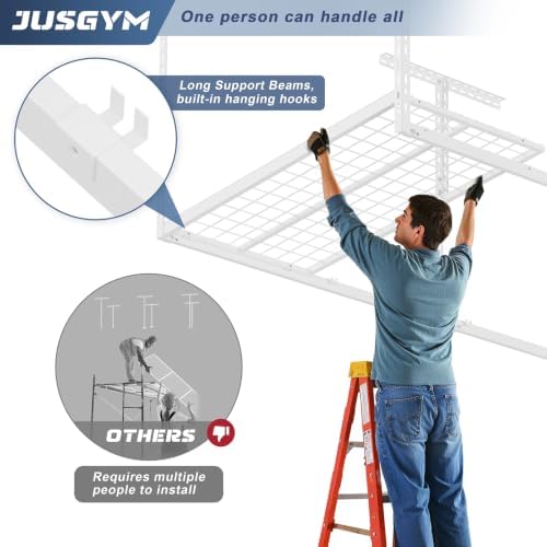 Jusgym 4X8FT Overhead Garage Storage Rack, 26"-40" Height Adjustable Garage Ceiling Storage Racks, Heavy Duty Metal Overhead Storage Organizer System, 750LBS Weight Capacity, White - Image 4