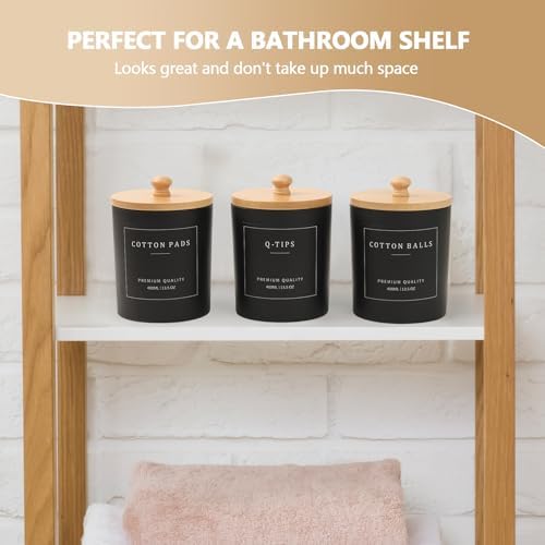 3 Pack Qtip Holder - Bathroom Organizers and Storage, Cotton Round Pad Dispenser Floss Pick Holder with Tray, Glass Apothecary Jars with Lids, Cotton Ball Container - Black - Image 3