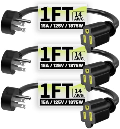 Vockjour 1 FT 3 Pack 14 Gauge Low Profile Flat Plug Extension Cord Black by Vockjour