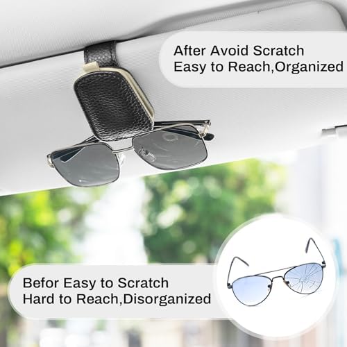 SINGARO Sunglasses Holder for Car, Leather Magnetic Buckle Sun Visor Sunglass Clip, Ticket Card Storage Glasses Clip, Car Interior Accessories for Men and Women（2PCS Black-Beige） - Image 6