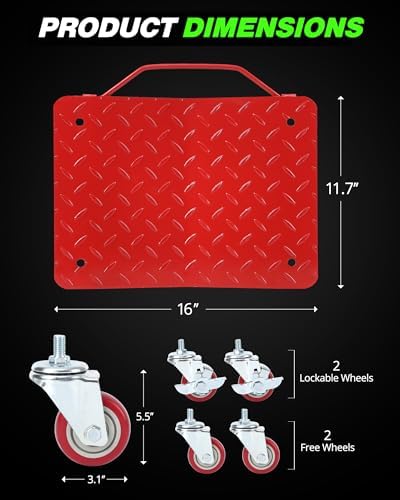 Garvee Car Dolly Set of 4 with 6000 LBS Capacity, Carbon Steel Heavy Duty Car Mover Wheel Dollies with Antiskid Plate & 360 Degree Rotatable Wheel, 16 in *13 in, Red - Image 6