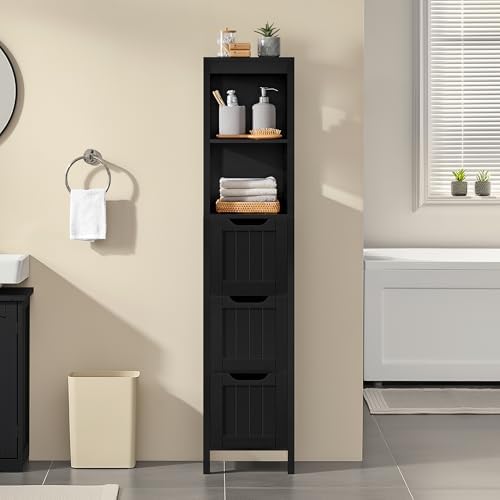 Yaheetech 56" Tall Narrow Bathroom Storage Cabinet with 3 Drawers, Black - Image 2