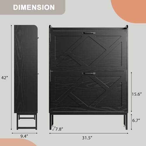 Nicetree Shoe Storage Cabinet with 2 Flip Drawers, Freestanding Shoe Organizer, Shoe Cabinet with Metal Legs, Narrow Shoe Rack Cabinet, Farmhouse Slim Shoe Cabinet for Entryway, Foyer, Hallway, Black - Image 2
