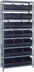 Quantum 1275-445BK Heavy Duty Shelving Unit with (8) Shelves and (21) SSB445 Black Bins for Garage Warehouse Storage Distribution | 400 lb Load Capacity | 12"D x 36"L x 75"H, Galvanized Carbon Steel by QuantumStorageSystems