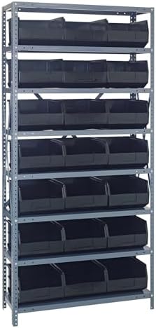 Quantum 1275-445BK Heavy Duty Shelving Unit with (8) Shelves and (21) SSB445 Black Bins for Garage Warehouse Storage Distribution | 400 lb Load Capacity | 12"D x 36"L x 75"H, Galvanized Carbon Steel by QuantumStorageSystems