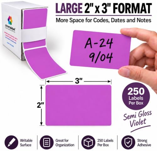 ChromaLabel Purple Rectangle Labels in Dispenser Box, 2" x 3" Permanent Color Coding Stickers, Writable Violet Paper Labels for Inventory, Warehouse, Office and Classroom, 250 Labels - Image 2