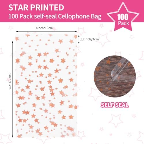 COQOFA 100 Pcs 4x 6 In Star Self-Sealing Cellophane Treat Bag, Clear Cookie Candy Bags Resealable Cellophane Gift Goodie Bag OPP Plastic Party Favor Bags for Bakery,Wedding,Birthday,Baby Shower ,Self Adhesive for Packaging (Rose Gold) - Image 2
