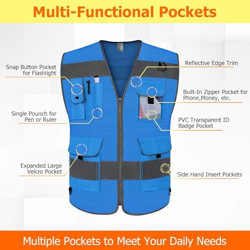 TCCFCCT Mesh High Visibility Vest 9 Pockets Safety Vest for Men, Blue XL - Image 3