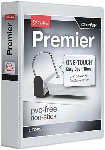 Cardinal 3 Ring Binder, Binder for School and Office, Durable 1.5 Inch Premier Easy Open Binder, ONE-Touch Locking Slant-D Rings, 400-Sheet Capacity, ClearVue Cover, PVC-Free, White (10310) by TOPSProducts