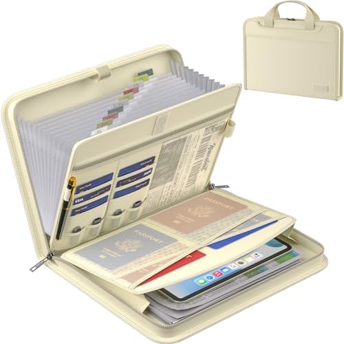 ENGPOW Accordion File Organizer,Fireproof Expanding File Folder with Multi Pockets,13 Pockets Document Organizer Bag with Handle & Labels,Portable Home Travel Safe Storage for Letter A4 Files,Beige by ENGPOW
