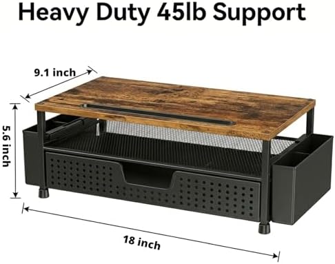 Desk Organizer and Accessories, 2-Tier Computer Monitor Stand Rise with Phone Holder, Drawer & 2 Pen Holders, Laptop & Printer Stand for Desktop, Workspace Organizers for Office Supplies (Brown Wood) - Image 2