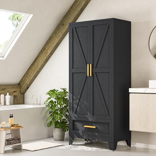 Baborokic Metal Wardrobe Cabinet,71 Armoire Wardrobe Closet with Drawers and Hanging Rod,Metal Armoire with Adjustable Shelves for Closet,Bedroom,Farmhouse Storage Cabinet with Drawer(Black) - Image 2