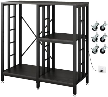 METYERRY Adjustable Kitchen Bakers Rack with Power Outlet,4-Tier Microwave Stand Kitchen Cart,Mini Fridge Stand with Storage,Bar Cabinet,Suitable for Office,Coffee Bar,Living Room,Patio, Black by METYERRY