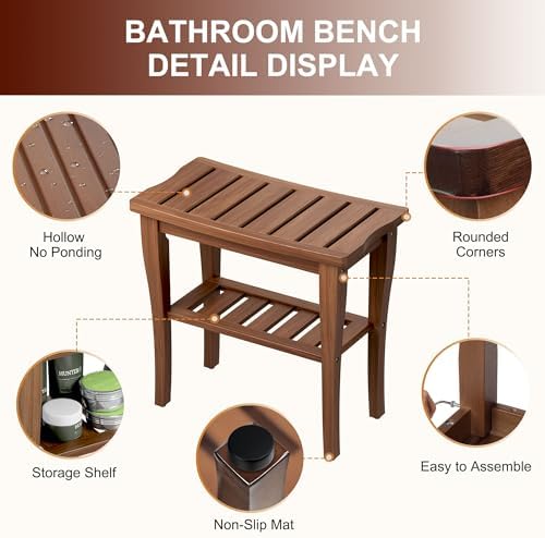 Bamboo Shower Bench Stool with Storage Shelf, Waterproof Shower Chair Spa Bath Seat, Shower Stool for Inside, Bathroom Bench Seat for Adults Elderly Seniors for Indoor or Outdoor Use(Walnut) - Image 3