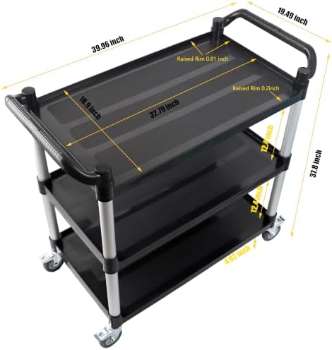 3-Tier Rolling Utility Cart with 4 Lockable Wheels, Heavy Duty Plastic Service Cart with 540lbs Capacity, Commercial Service Cart on Wheels for Restaurant/Office/Warehouse/Kitchen/School, Black - Image 5