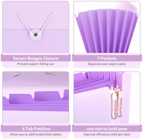 SKYDUE Expanding File Folder with 7 Pockets, Accordion File Organizer, Portable Folders for Documents, School Office Supplies Bungee Closure, Letter/A4 Size Purple - Image 4