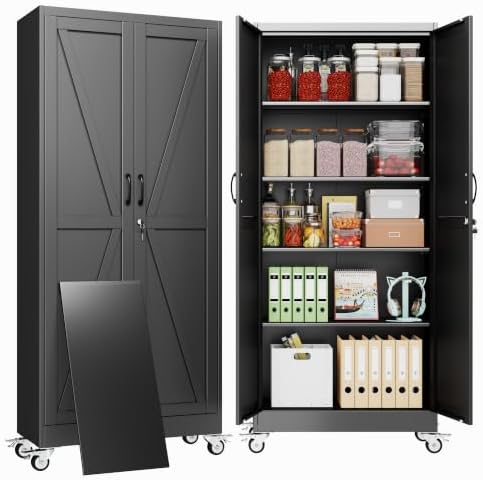 71" Metal Garage Storage Locker Cabinet with Wheels,Rolling Black Farmhouse Kitchen Pantry Cabinet with 2 Doors and 4 Adjustable Shelves, Steel File Tool Cabinet for Home Office Warehouse by BAOLIWO