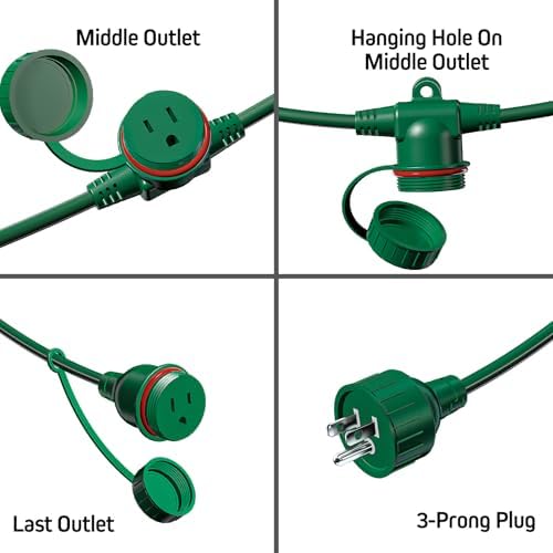 50FT Green Outdoor Extension Cord 6 Outlets Plugs with Waterproof Cover - Image 4