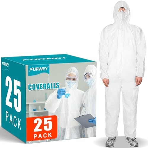 FURWEY Hazmat Suits 25 Pack Disposable Coveralls, with Elastic Wrists, Ankles, Available in 5 sizes by FURWEY