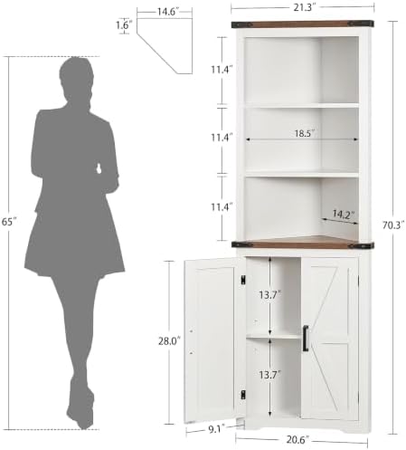 TEENFON Farmhouse Corner Cabinet, 70" H Tall Corner Hutch with 5 Shelves & 2 Barn Doors, Bathroom Cabinet with Adjustable Shelf, for Living Room, Kitchen, Bathroom, White - Image 3