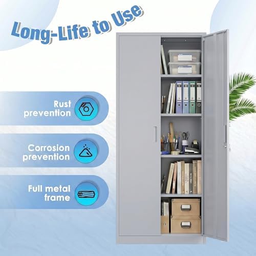 SUXXAN 71-Inch Grey Metal Storage Cabinet with Locking Doors - Image 5
