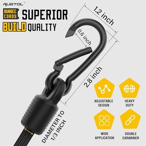 Bungee Cords with Hooks, 96 inch Adjustable Bungee Cords with Carabiner Hooks, Easy to Adjust from 7 to 96 inch Black Elastic Bungee Straps with Clips Heavy Duty for Bike, Cargo, Tarps, 6 Pack - Image 4