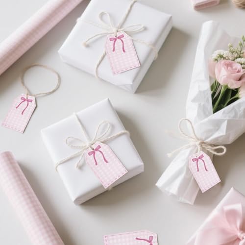 100Pcs Coquette Pink Bow Gift Tags with String Pink Buffalo Plaid Large Gift Tag with 65Ft White String Paper Gift Tag for Coquette Bow Baby Shower Birthday Bachelorette Wedding Gift Wrap Tag - Image 3